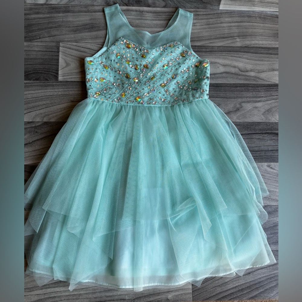 Aqua Sleeveless Kids Dress with Sequins